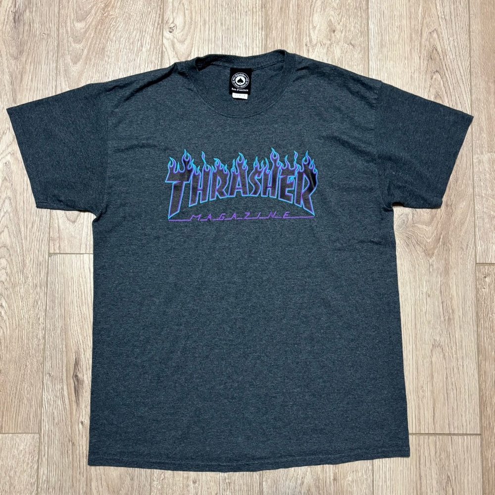Thrasher Charcoal Tee with Blue Flame Logo